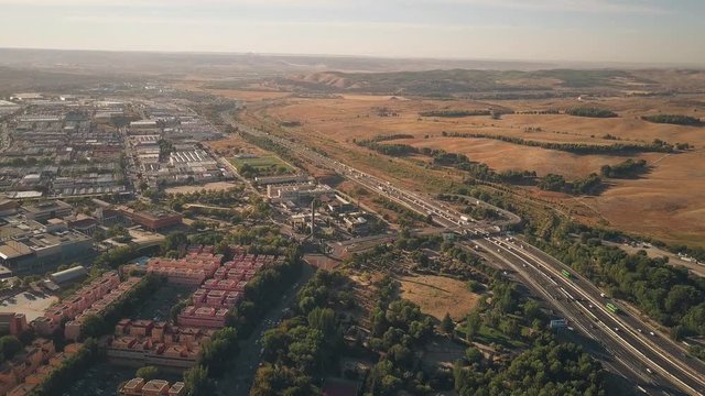 Aerial view of Rivas-Vaciamadrid city and A3 motorway from Madrid to Valencia, Spain