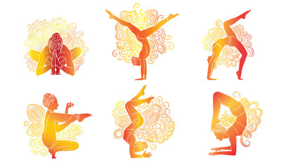 Vector set consisting of orange silhouettes of women doing yoga in different asanas on a white background. - obrazy, fototapety, plakaty