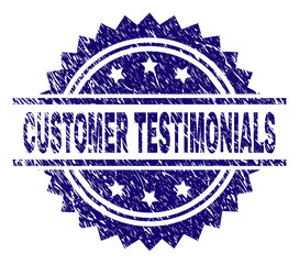 CUSTOMER TESTIMONIALS stamp seal watermark with distress style. Blue vector rubber print of CUSTOMER TESTIMONIALS title with grunge texture.