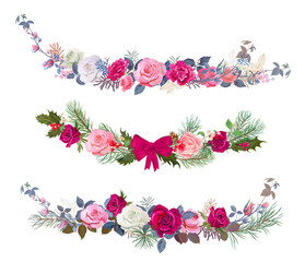 Set of Christmas horizontal borders, bouquets of flowers: red, pink, mauve roses, carnations, pine branches, cones, leaves. Digital draw illustration, watercolor style, vintage, vector. Panoramic view © analgin12