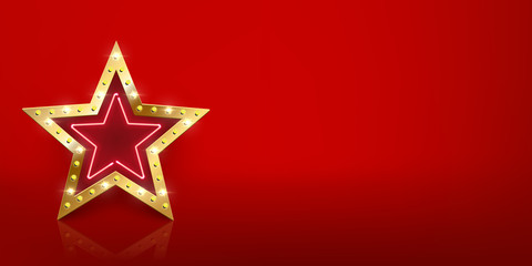 Shiny golden star sign with light bulbs and neon with mirror reflection on red background. Vector design template.