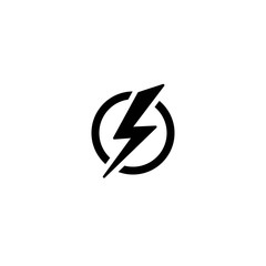 Black lightning bolt in circle simple flat icon. storm or thunder and lightning strike sign isolated on white.