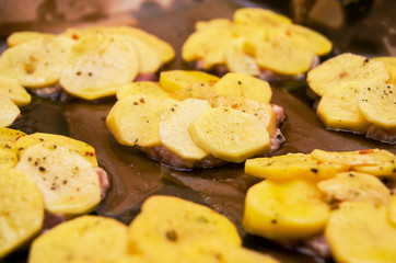 sliced meat with potatoes on a tray