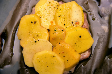 sliced meat with potatoes on a tray