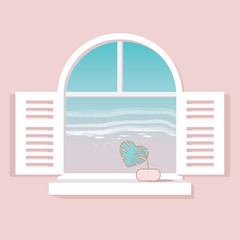 Minimal vector illustration of a white Mediterranean window with Monstera plant leaf looking at the ocean view front