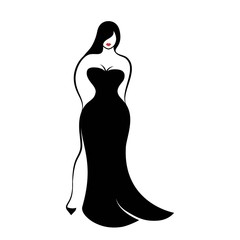 a young woman in an elegant long form-fitting black evening dress
