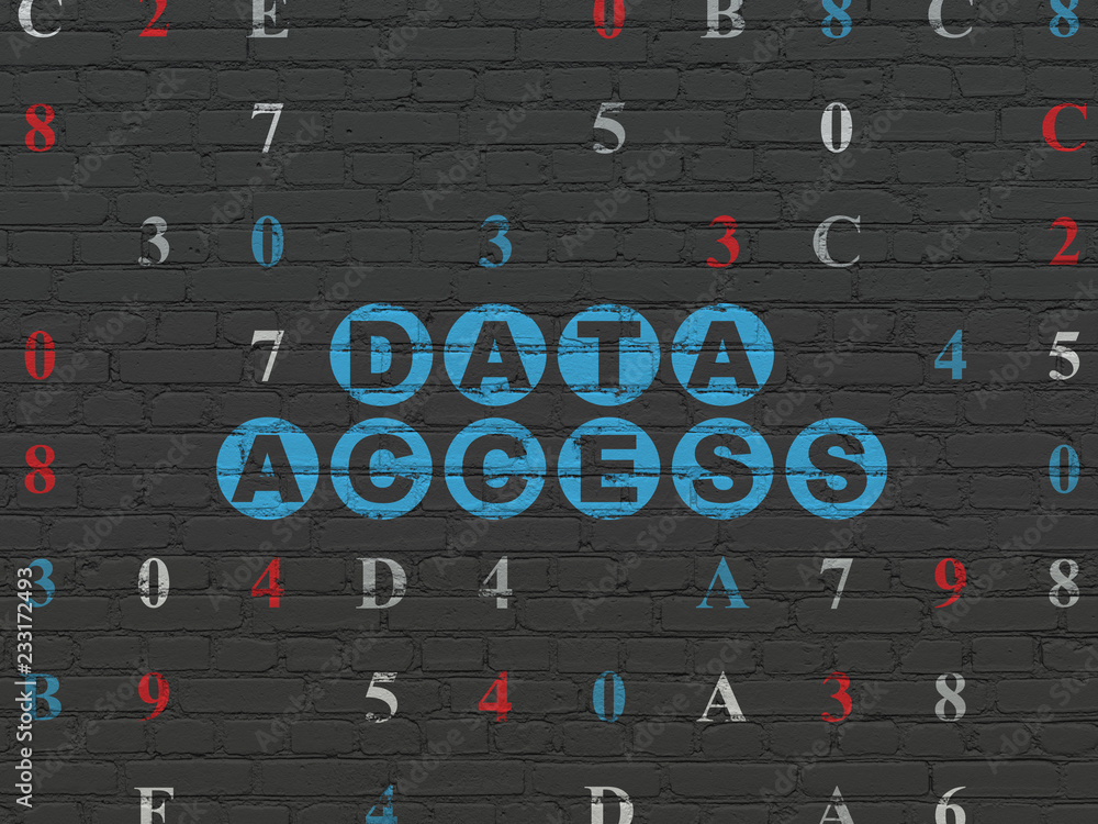 Poster information concept: painted blue text data access on black brick wall background with hexadecimal c