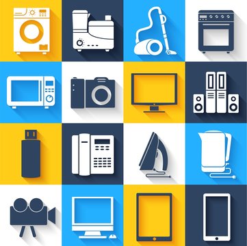Home electronics, appliances infographics template concept. Icons design for your product or design, web and mobile applications. Vector flat with long shadow illustration on background