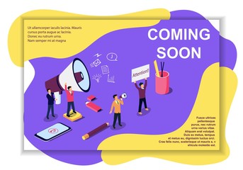 Vector isometric illustration concept. Group of people shouting on megaphone with coming soon word. Content for web page, banner, social media, documents, cards, posters, news.