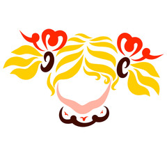 Fototapeta premium The head of a little cute girl with yellow tails and bows in the shape of hearts
