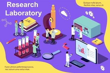 Vector isometric illustration concept. Research laboratory, scientis working at laboratorium. Content for web page, banner, social media, documents, cards, posters, news.