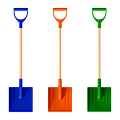 Набор цветных пластиковых совковых лопат для уборки снега с деревянными ручками, векторная иллюстрация на белом фоне