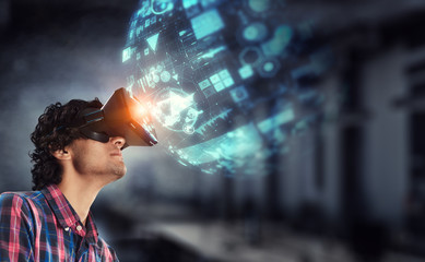 Experiencing virtual technology world. Mixed media