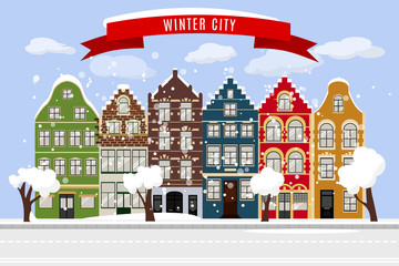 Winter Flat city landscape with European building facades. Cute retro houses exterior. Traditional architecture of Belgium and Netherlands