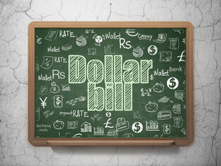 Currency concept: Chalk Green text Dollar Bill on School board background with  Hand Drawn Finance Icons, 3D Rendering