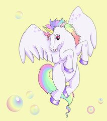 Cute, beautiful flying rainbow unicorn with wings, white with rainbow mane and tail. Pegasus on yellow background with soap bubbles. Fantastic, fabulous creature from myths