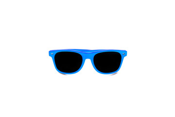 Summer blue sunglasses isolated in seamless large white background. Minimal design element for sun protection, hot days, tropical travel, summer vacations and beach holidays.