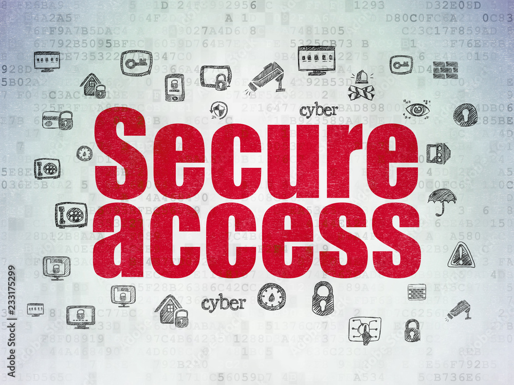Poster protection concept: painted red text secure access on digital data paper background with hand drawn 