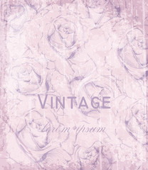 Vintage Victorian card with engraved roses Vector. Floral ornament decoration. Light pink powder colors