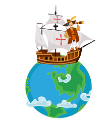 Obraz premium Columbus Day poster with Columb sailing on ship