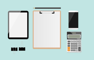 Fototapeta na wymiar Workplace with blank white paper on clipboard with calculator, pencil, black metallic paper clips, smartphone and tablet on mint green background. Vector illustration