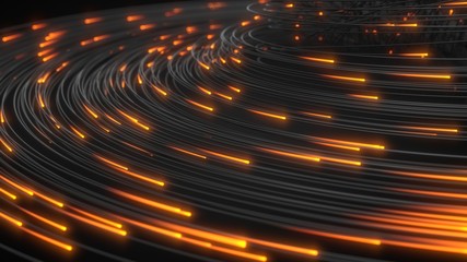 black strings with glowing heads in dark. 3d illustration