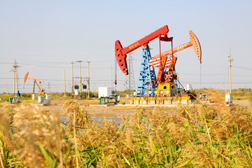 Fototapeta na wymiar crank balanced beam pumping unit in the JiDong oilfield, China.