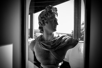 Antique bust at the hotel black and white