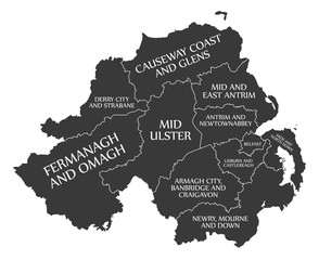 Northern Ireland county map since 2015 labelled black illustration