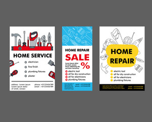 Vector illustration. Set of construction electro and hand tools and elements for house repair. Concept of home renovation for web banners, printed materials
