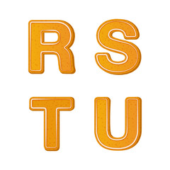 Gingerbread alphabet letters from R to U for christmas or new year holiday design, cookie