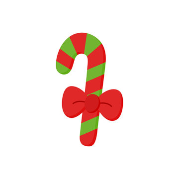 Christmas candy cane vector illustration icon. Festive, seasonal, traditional, holiday sweet candy stick with ribbon bow, isolated.