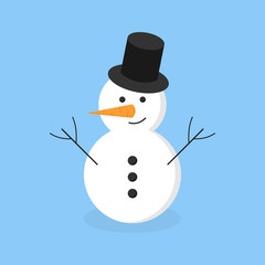 Winter snowman vector illustration icon. Seasonal, holiday, christmas snowman with carrot nose, eyes, buttons, branch arms and hat. Isolated on blue background.