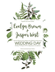 Wedding floral invitation, invite card. Vector watercolor set green forest fern, herbs, eucalyptus, branches boxwood, buxus. Natural, botanical decorative frame, border, square