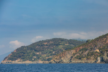 Fototapeta na wymiar Views of the Ligurian coastline near the town of Levanto, as seen from the sea