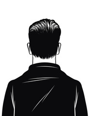 Vector black and white illustration of a man rear view isolated on white background. Silhouette of a man. Stylish man with hair styling in a business suit. View of a man from the back