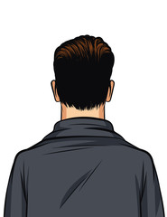 Vector color illustration of a man rear view isolated on white background. Silhouette of a man in a gray suit. Stylish man with hair styling in a business suit. View of a man from the back
