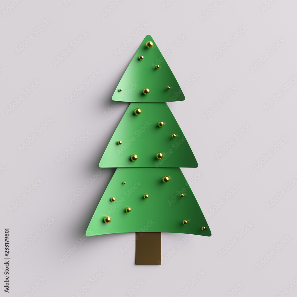 Poster 3d render abstract christmas tree background. simple christmas tree with metall shiny balls...