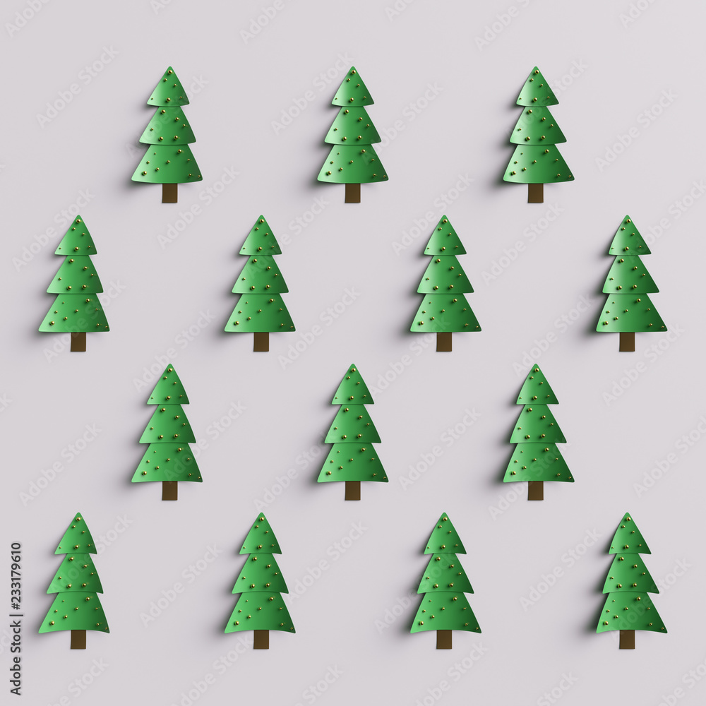 Poster 3d render abstract christmas tree background. simple christmas tree with metall shiny balls...