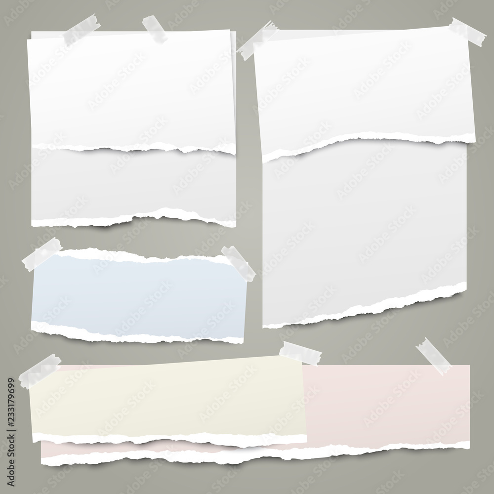 Poster white and colorful note, notebook paper strips with torn edges stuck with sticky tape on green backg