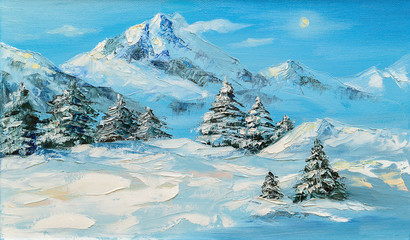 Original oil painting, winter mountain landscape with spruce