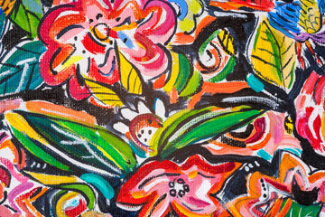 Details of acrylic paintings showing colour, textures and techniques. Expressionistic flowers fabric design.