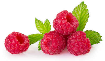 Fresh raspberry with leaf on white background