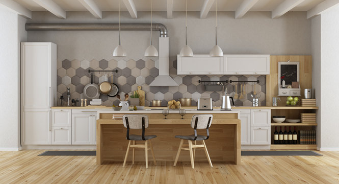 White Vintage Kitchen With Island