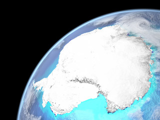 Antarctica on Earth from space. Very fine detail of planet surface, realistic clouds and visible ocean floor. © harvepino