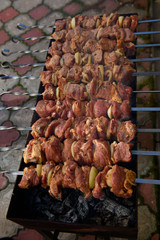cooking shish kebab of pork with onions
