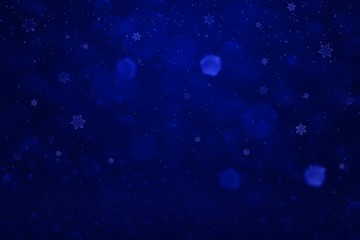 Fototapeta na wymiar blue cute bright glitter lights defocused bokeh abstract background and falling snow flakes fly, festal mockup texture with blank space for your content