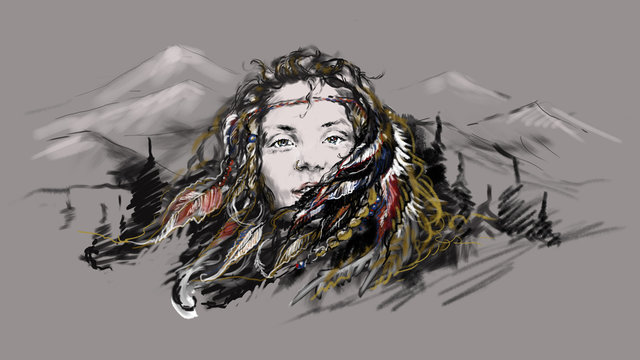 Illustration portrait of a beautiful young girl sorceress shaman, goddess, spirit of the forest. Colored feathers in lush hair, against a landscape of mountains and forests. Color pupils,  bright eyes