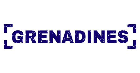 GRENADINES text seal imprint with distress texture. Text label is placed between corners. Blue vector rubber print of GRENADINES with corroded texture.