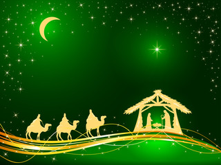 Christian Christmas on Green Background with Birth of Jesus and Star